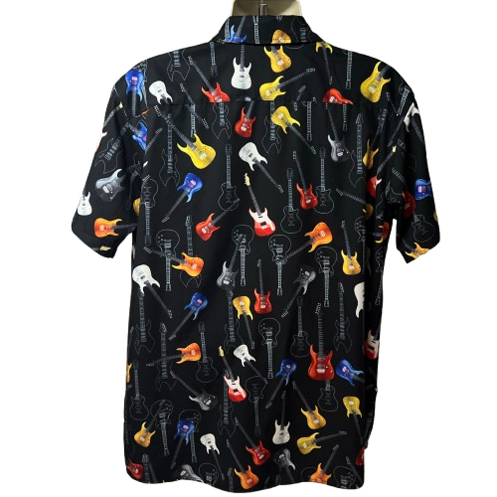 All Over Graphic Guitars Black Button Up Shirt Mens XL Soft Relaxed Stretch - Picture 2 of 7